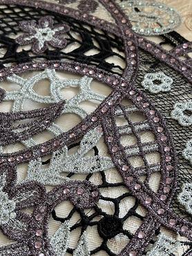 Peach brocade with taupe and onion guipure border