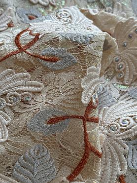 Iridescent chantelle with white and powder blue guipure with copper embroidery