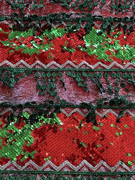 Red and green iridescent sequins with red iridescent brocade and guipure metallic green fringes 